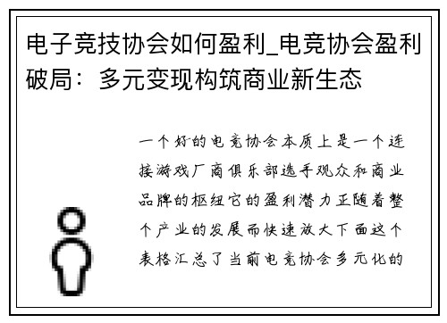 电子竞技协会如何盈利_电竞协会盈利破局：多元变现构筑商业新生态